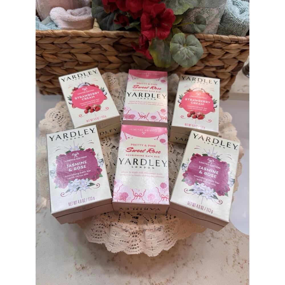 Yardley Set Of 6 Bar Soaps Jasmine Rose, Strawberry Cream, Sweet Rose 4 oz Bars